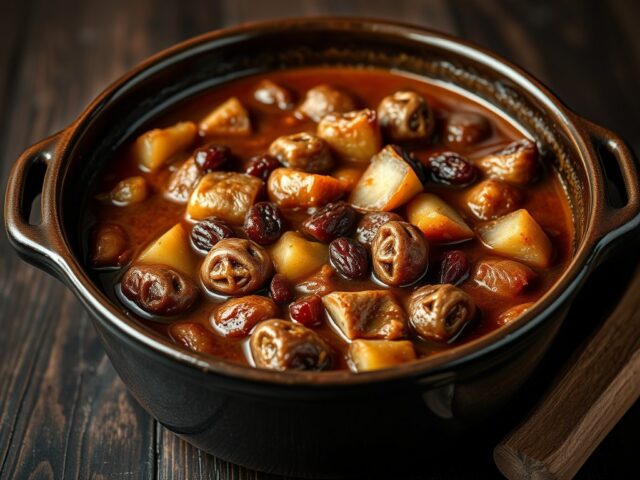 Stoofpot van fazant met droge vruchten en druivensap