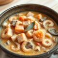 Stoofpot van zalm, garnalen en paddestoelen