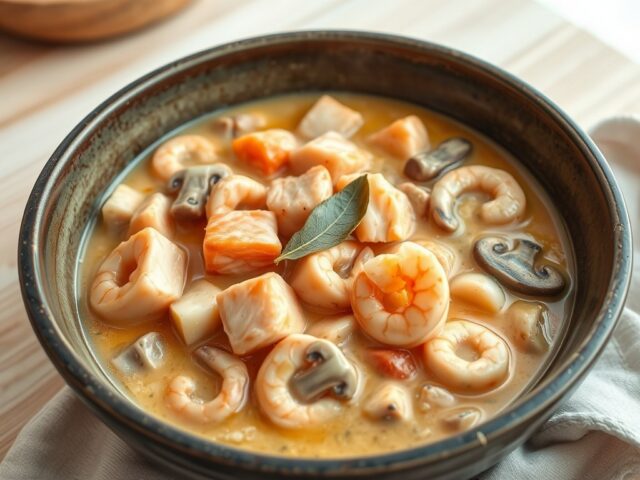Stoofpot van zalm, garnalen en paddestoelen