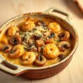 stoofpotje met paddestoelen en scampi`s