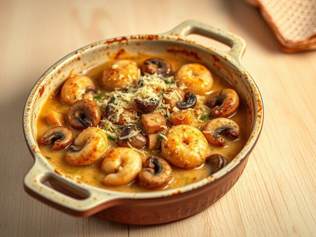 stoofpotje met paddestoelen en scampi`s