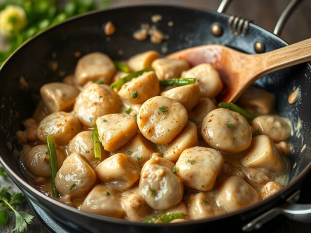 Stoofpotje van bieflapjes in stroganoffsaus — AI-gegenereerde illustratie