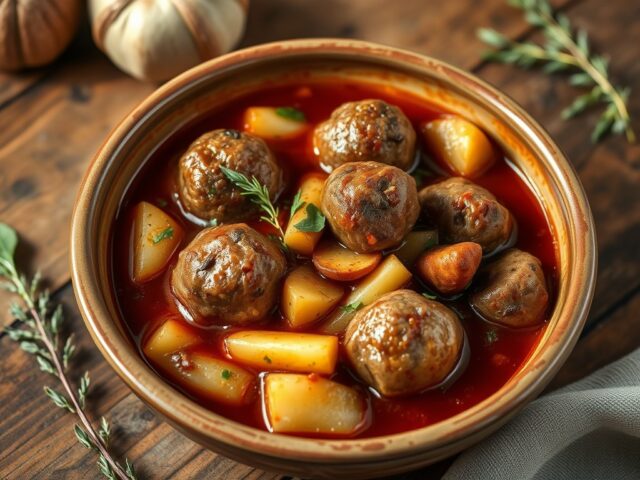 Stoofpotje van gehaktballetjes in een sherry-tomatensaus