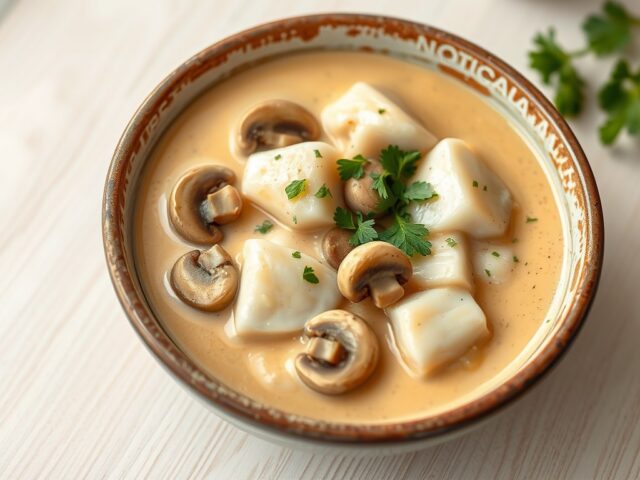 Stoofpotje van steenbolk met champignons en ui