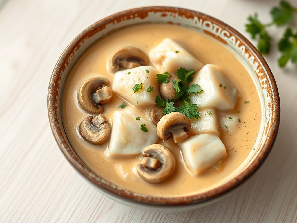 Stoofpotje van steenbolk met champignons en ui, AI-gegenereerde illustratie