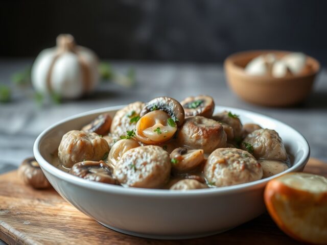 Stoofpotje van steenbolk met champignons en ui — AI-gegenereerde illustratie