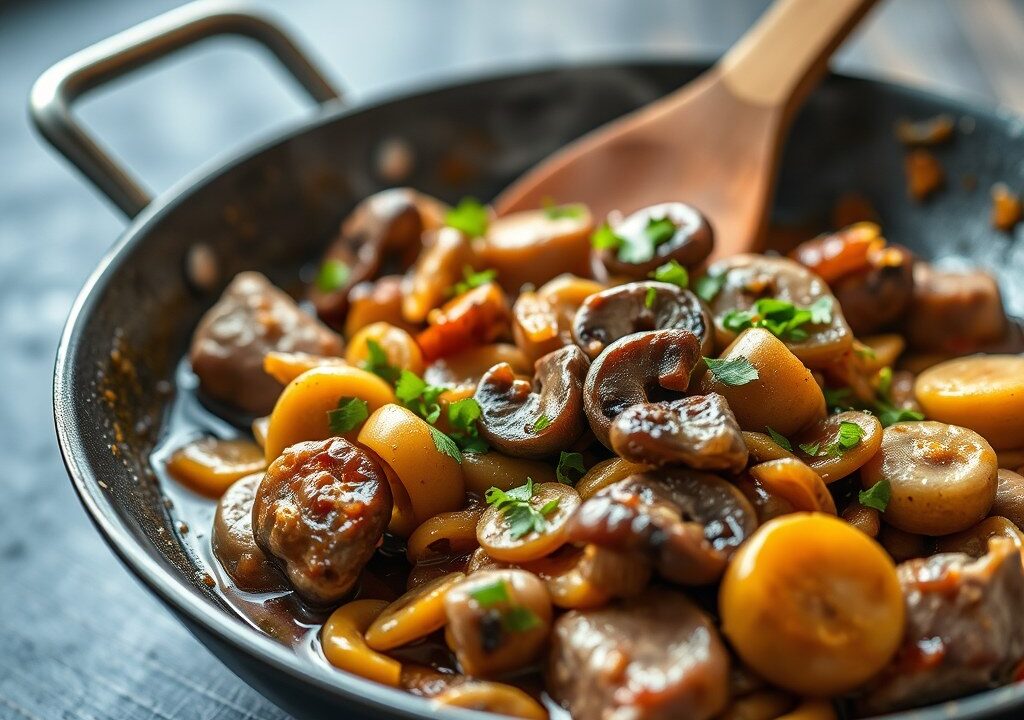 Stoofpotje van varkensvlees met erwtjes en champignons, AI-gegenereerde illustratie