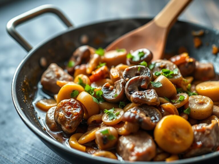 Stoofpotje van varkensvlees met erwtjes en champignons