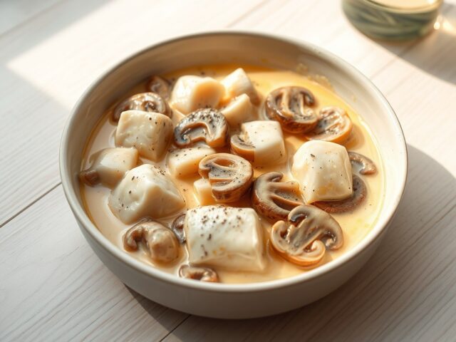 stoofschotel met kabeljauw en champignons
