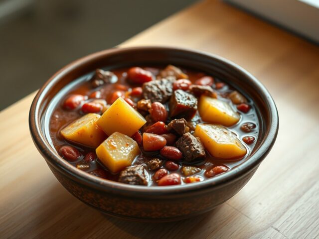 Stoofschotel van aardappelen en chilirundvlees
