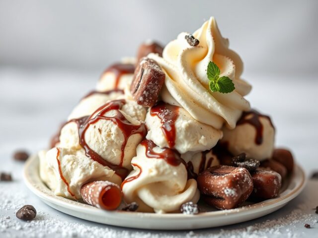 Stracciatella-ijs met bitterkoekjes en kersen — AI-gegenereerde illustratie
