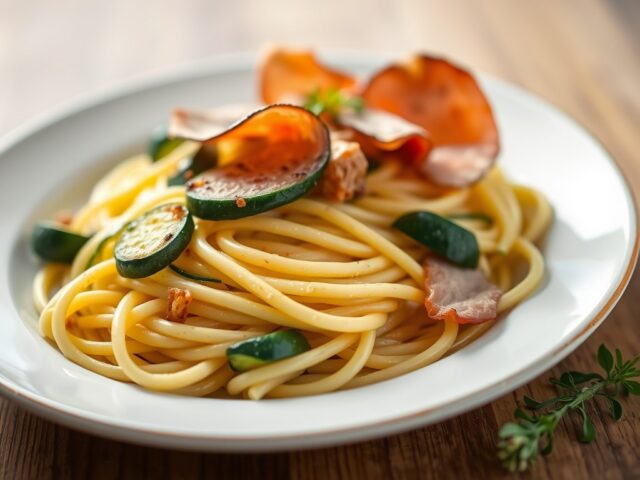 Strikjespasta met courgette en rauwe ham