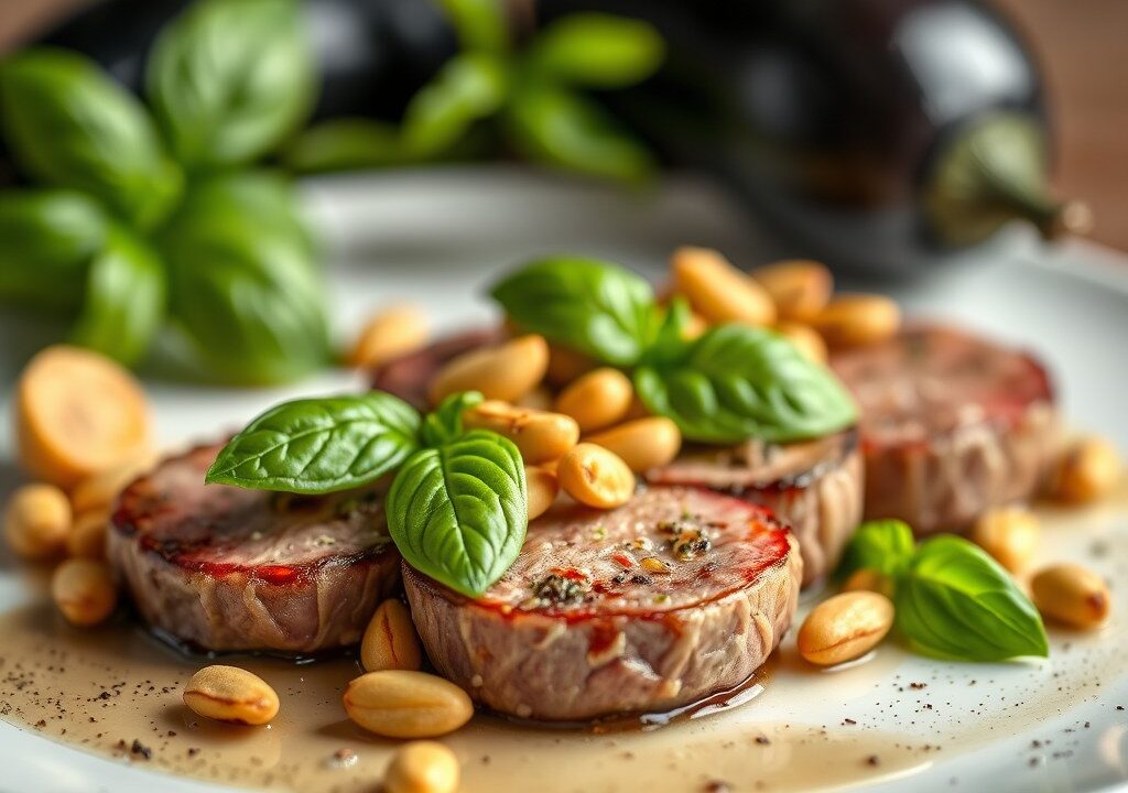 Struisvogel filet medaillons met pistache noten, AI-gegenereerde illustratie