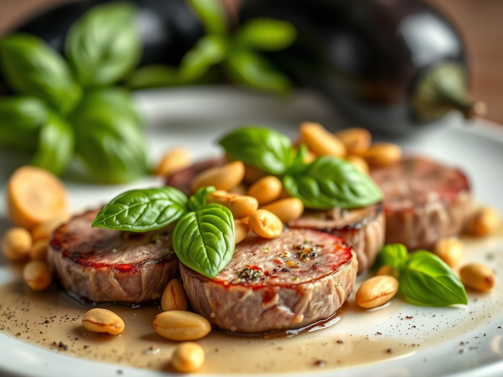Struisvogel filet medaillons met pistache noten, AI-gegenereerde illustratie