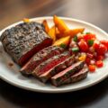 Struisvogelsteak met zoete aardappel en pittige salsa van kerstomaatjes