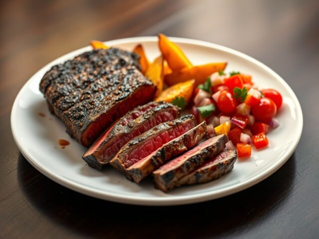 Struisvogelsteak met zoete aardappel en pittige salsa van kerstomaatjes