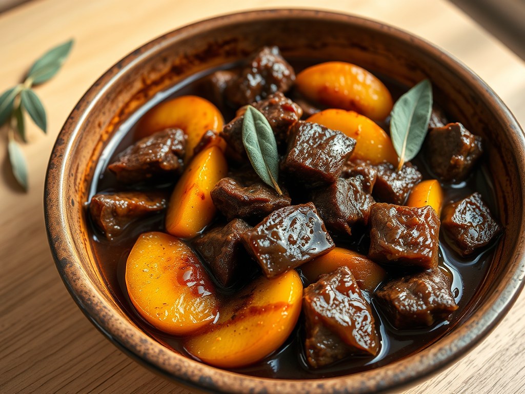 Sukadelapjes met perziken in honing-ketjapsaus, AI-gegenereerde illustratie