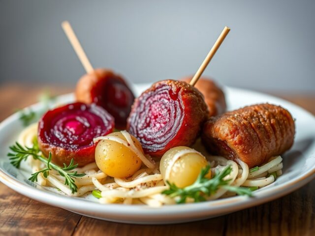 Sukadelappen met kroket van rode biet en aardappel