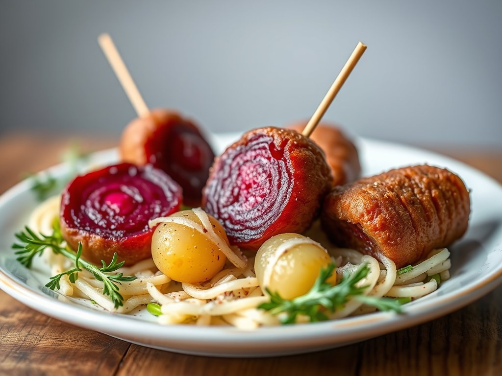 Sukadelappen met kroket van rode biet en aardappel, AI-gegenereerde illustratie