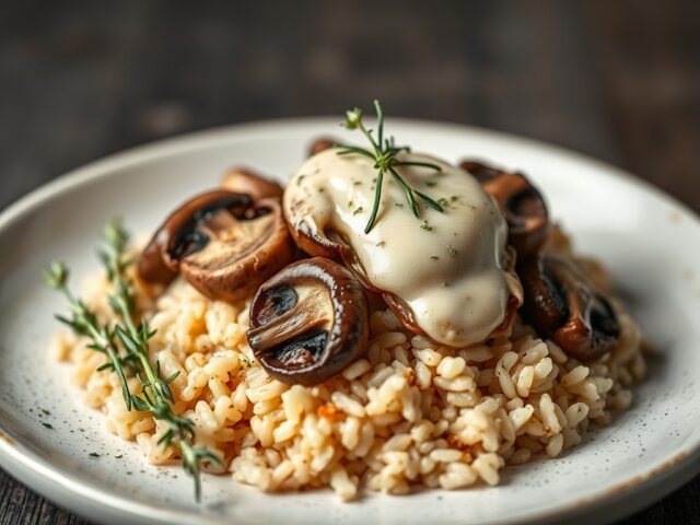 Superkip met bos-champignons en rijst — AI-gegenereerde illustratie