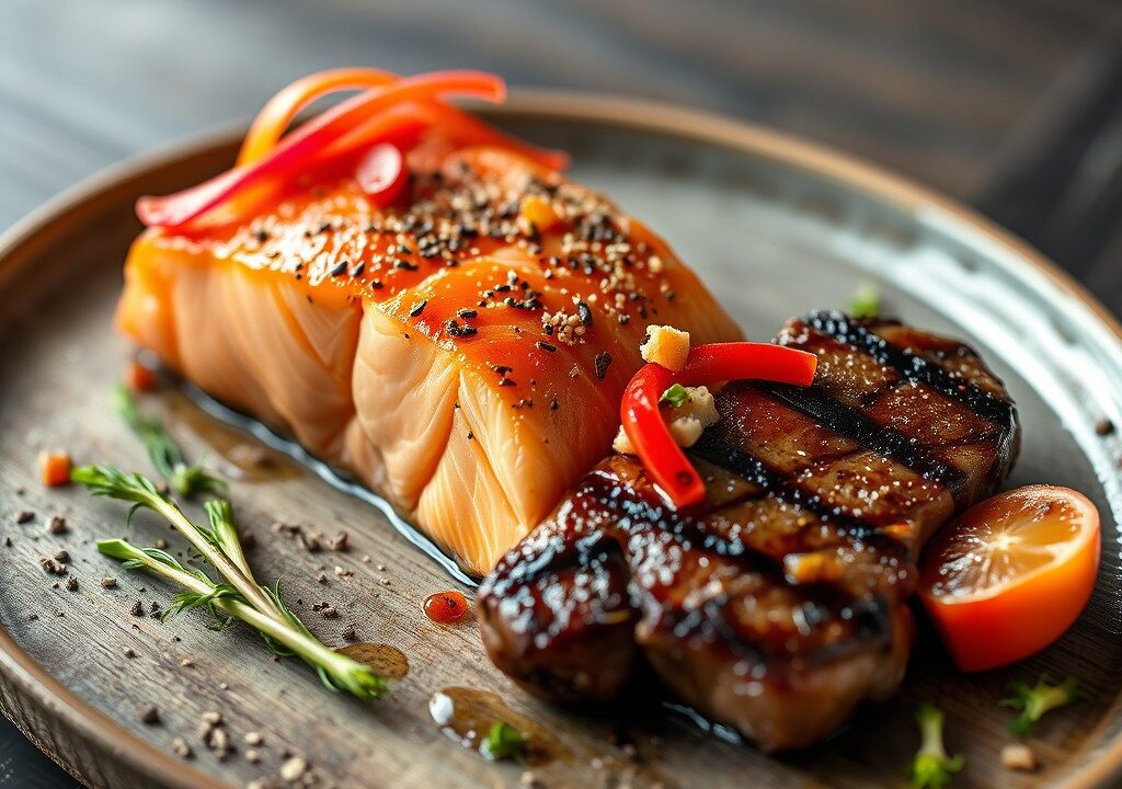 surf and turf: zalm en biefstuk, AI-gegenereerde illustratie