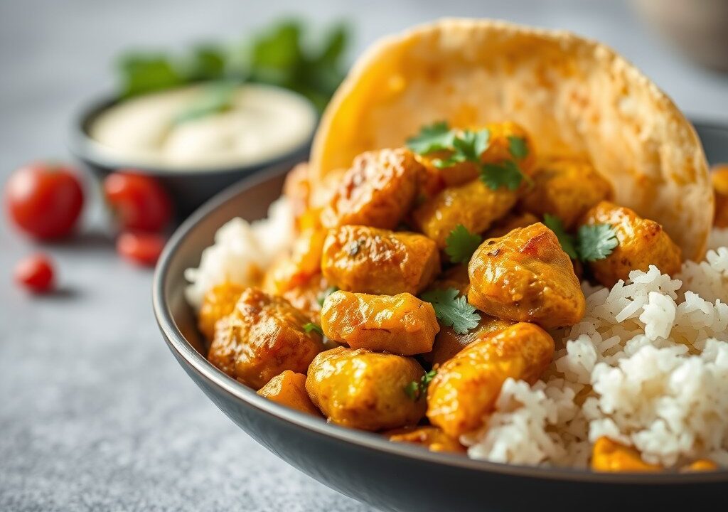 Surinaamse roti kerrie kip, aardappel en kouseband — AI-gegenereerde illustratie