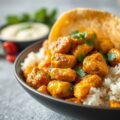 Surinaamse roti kerrie kip, aardappel en kouseband — AI-gegenereerde illustratie