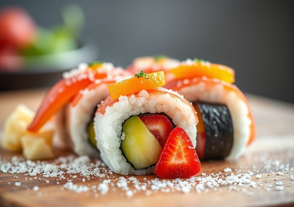 Sushi met fruit, AI-gegenereerde illustratie