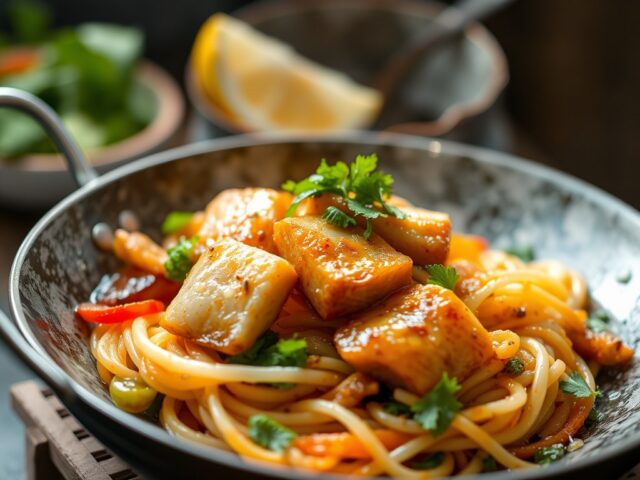 Sweet en Sour mie met krokante vis — AI-gegenereerde illustratie