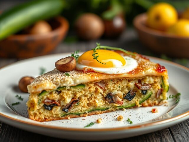 Taart met courgette en (kastanje)champignons — AI-gegenereerde illustratie
