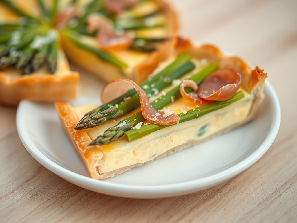 Taart van groene asperges en Parma-ham, AI-gegenereerde illustratie