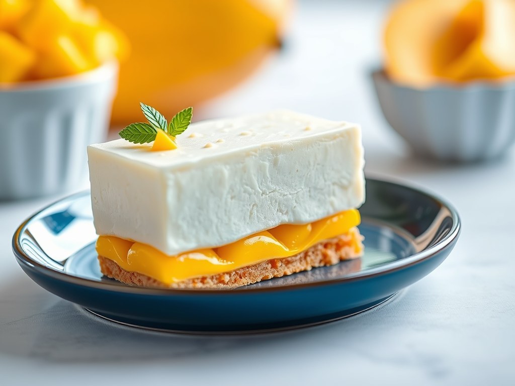 Taart van romige mousse en mango, AI-gegenereerde illustratie