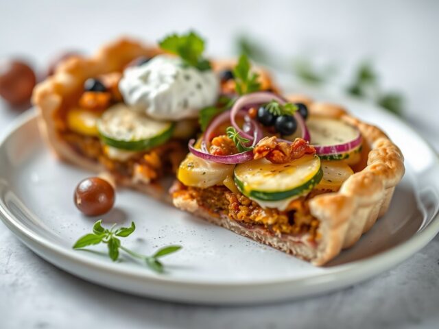 Taartje met courgette- en paprikaratatouille en ge — AI-gegenereerde illustratie