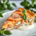 Taartje van gerookte zalm met saus van basilicum