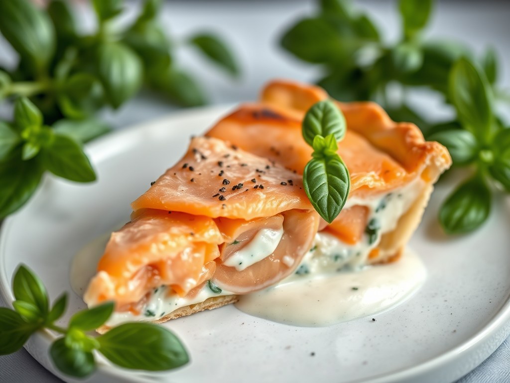 Taartje van gerookte zalm met saus van basilicum, AI-gegenereerde illustratie