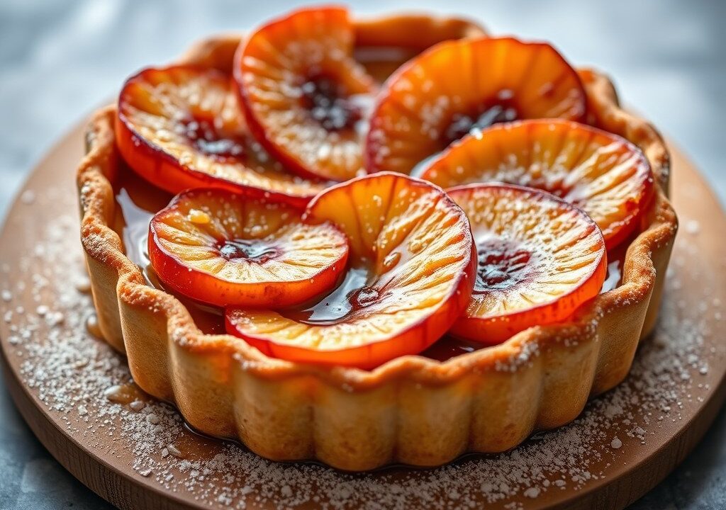Taartje van karamel en geflambeerde appeltjes, AI-gegenereerde illustratie
