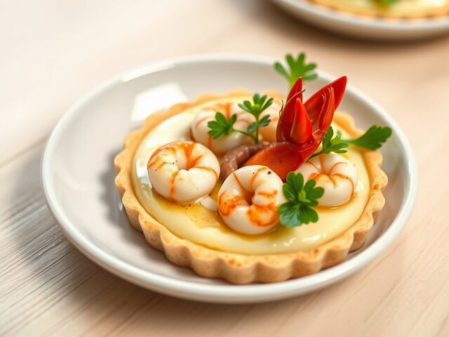 Taartje van rosevalpuree met scampi en truffelcrèm