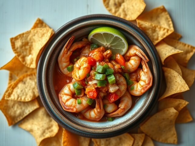 Tacochips met in frisse saus gestoofde gamba’s