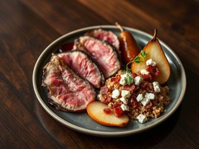 Tagliata van rendier, peren in wijn, crumble met spek en geitenkaas