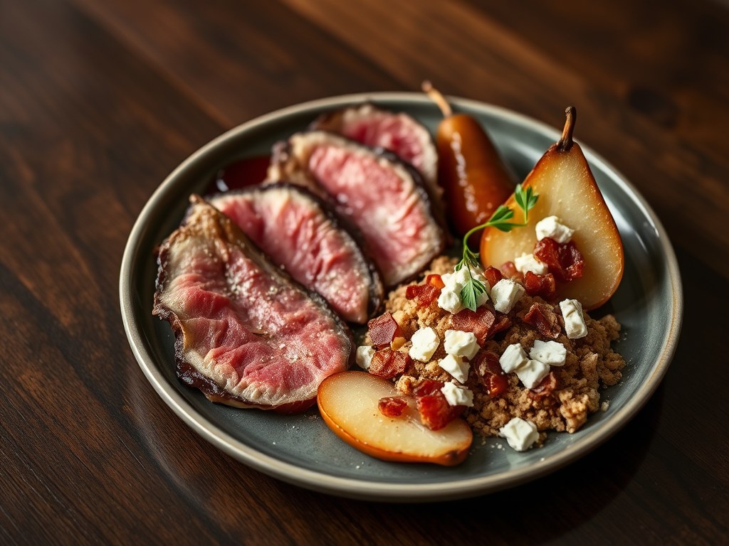 Tagliata van rendier, peren in wijn, crumble met spek en geitenkaas, AI-gegenereerde illustratie
