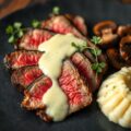 Tagliata van rundvlees met wasabisaus en stoemp met oesterzwammen
