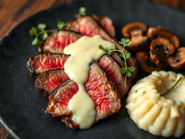 Tagliata van rundvlees met wasabisaus en stoemp met oesterzwammen