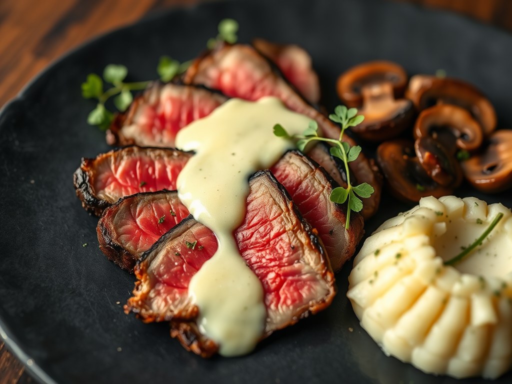 Tagliata van rundvlees met wasabisaus en stoemp met oesterzwammen, AI-gegenereerde illustratie