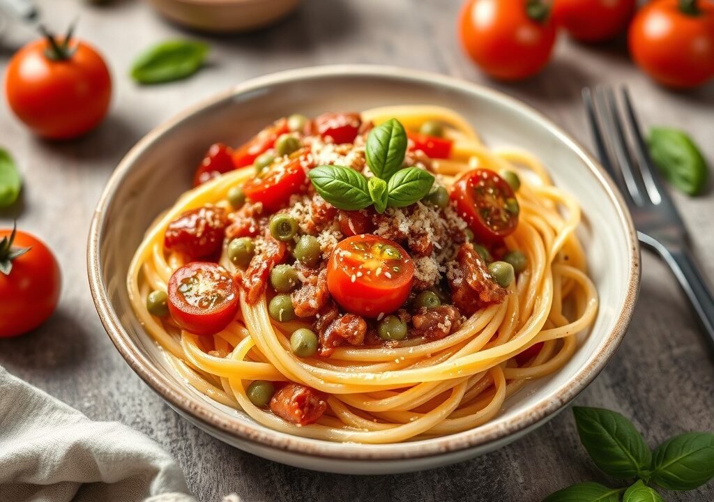 Tagliatella met gerookte forel, doperwten (zie opm, AI-gegenereerde illustratie