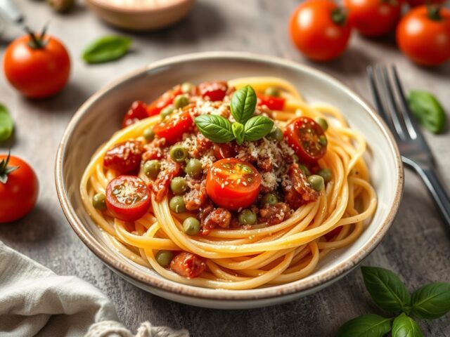 Tagliatella met gerookte forel, doperwten (zie opm