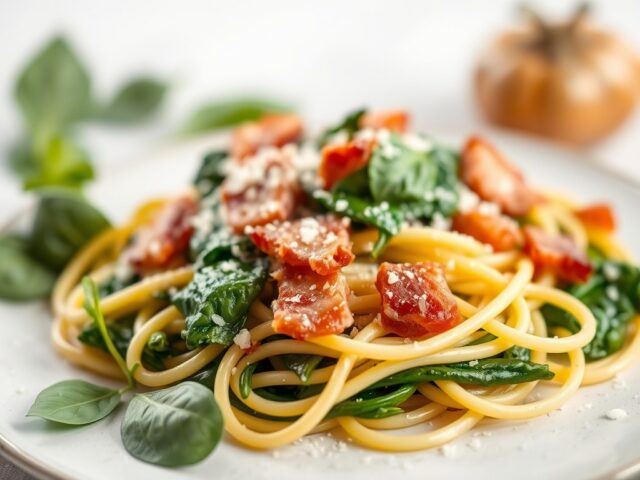 Tagliatella met spinazie en spekjes — AI-gegenereerde illustratie