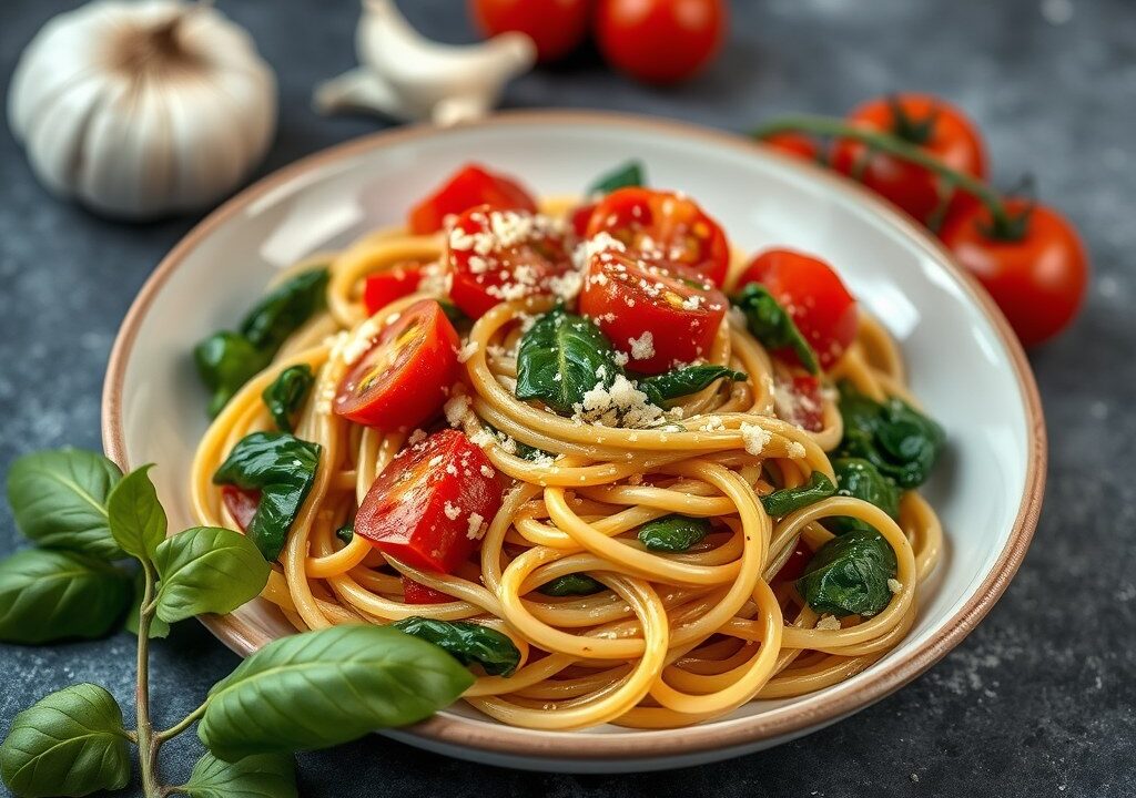 Tagliatelle al pesto, pomodoro e spinaci, AI-gegenereerde illustratie