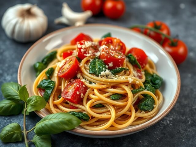 Tagliatelle al pesto, pomodoro e spinaci — AI-gegenereerde illustratie