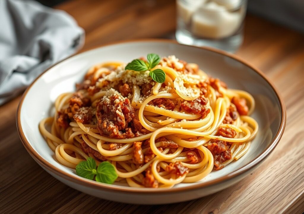 Tagliatelle bolognese met doperwtjes en gebakken ui — AI-gegenereerde illustratie