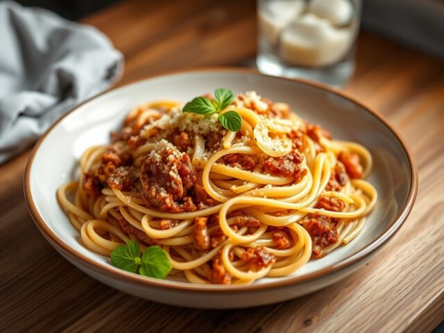 Tagliatelle bolognese met doperwtjes en gebakken ui — AI-gegenereerde illustratie